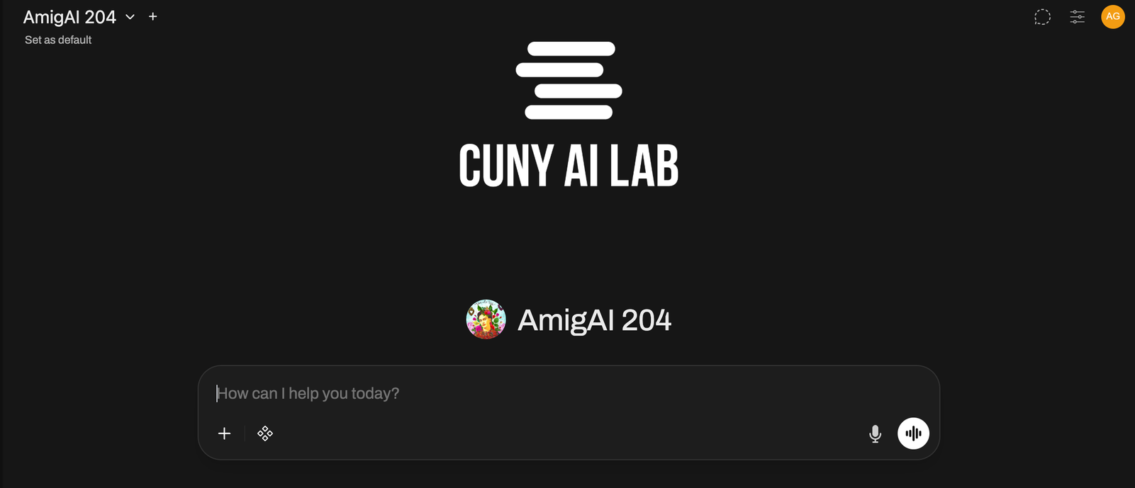 The AmigAI 204 configuration open in the CUNY AI Lab Sandbox interface
