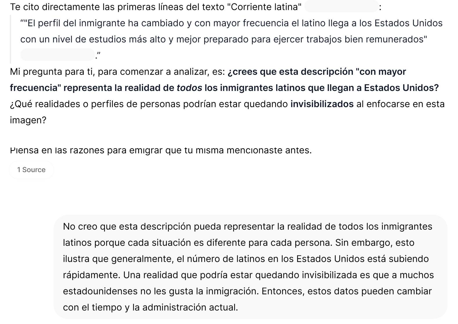 AmigAI conversation transcript analyzing the text 'Corriente latina,' with the student's written response