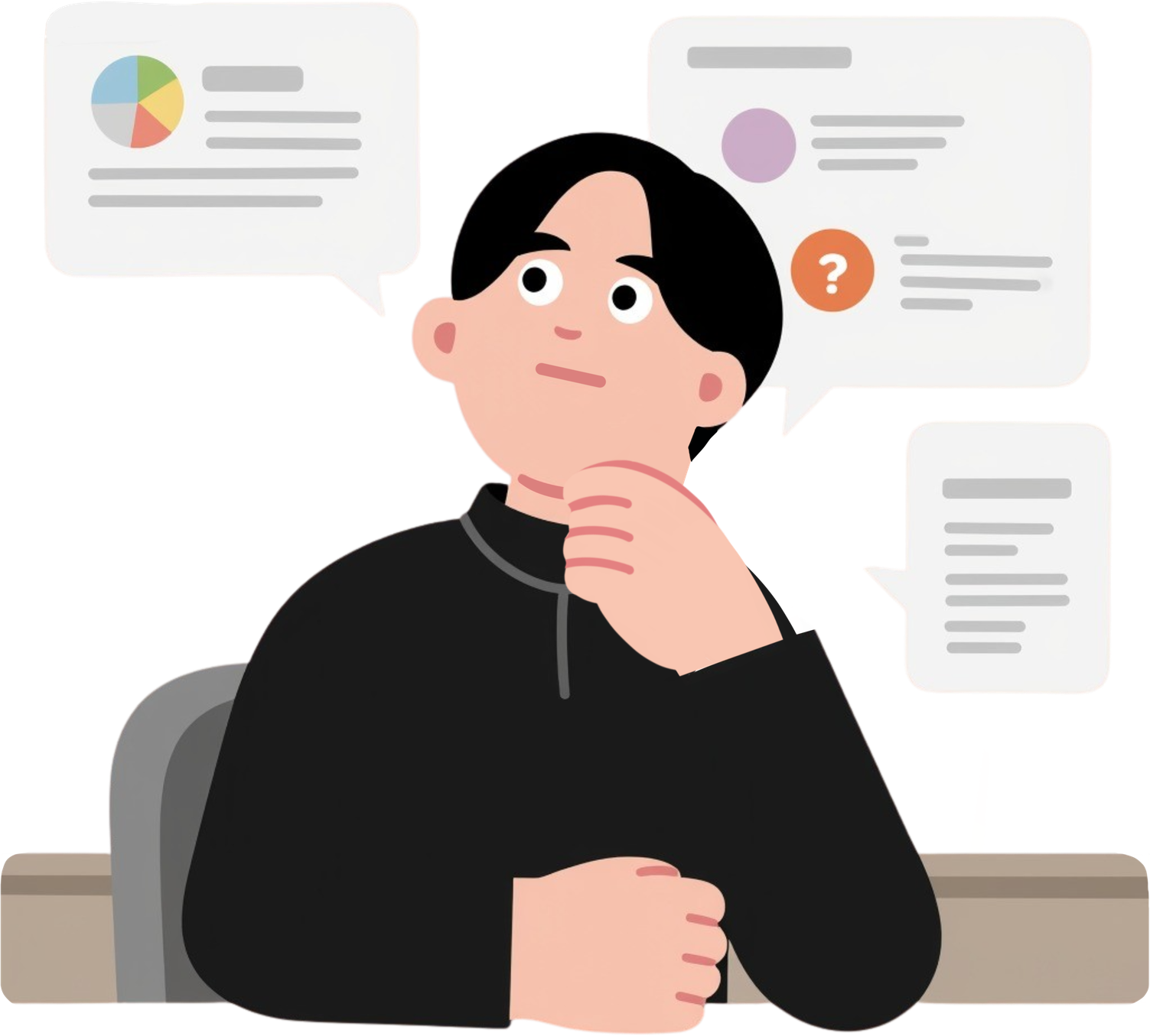 Illustration of a student in thought, surrounded by wordless speech bubbles