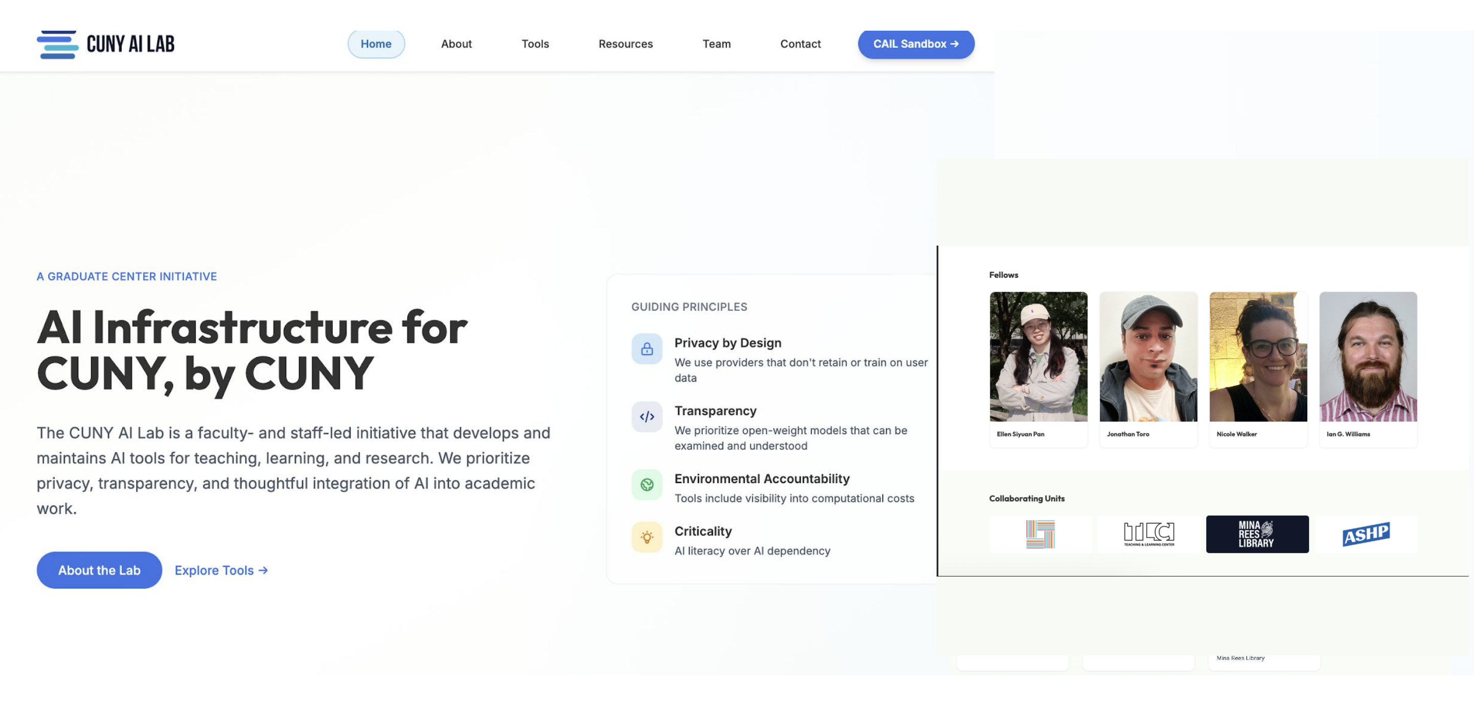 CUNY AI Lab homepage shown beside the About Team fellows and collaborating units page