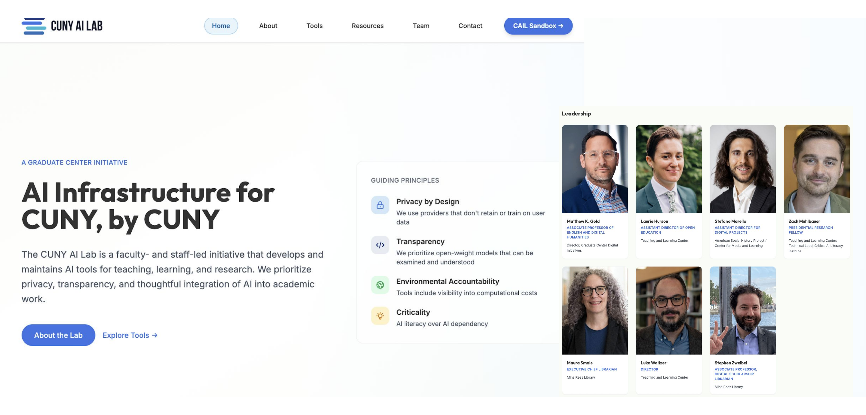 CUNY AI Lab homepage shown beside the About Team leadership page