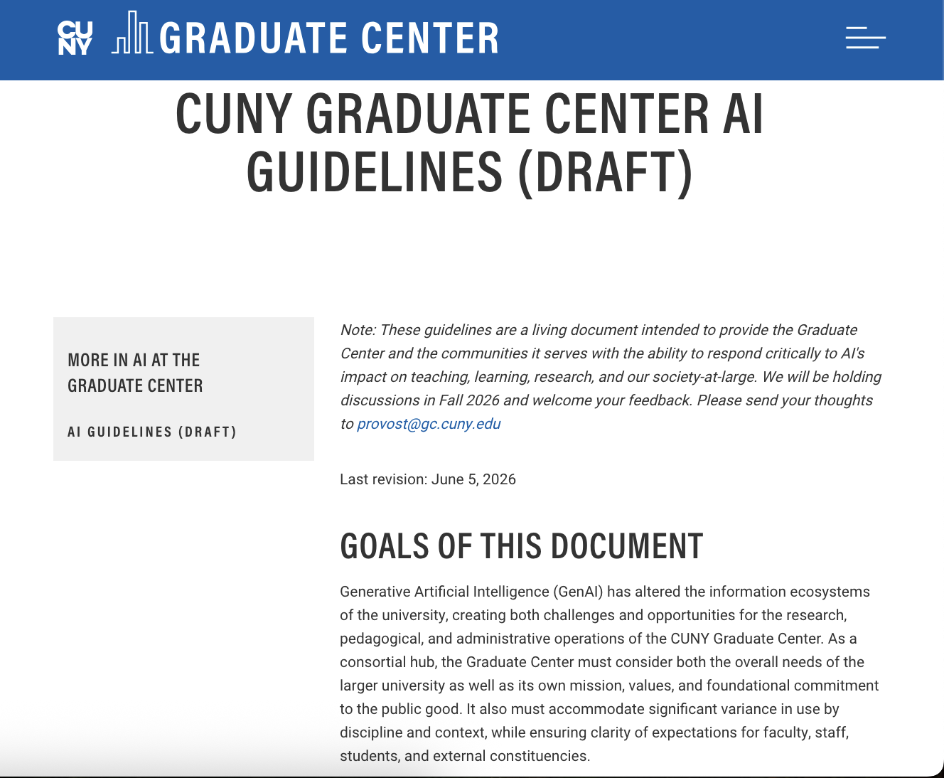 CUNY Graduate Center AI Guidelines (Draft) — gc.cuny.edu, last revision June 5, 2026