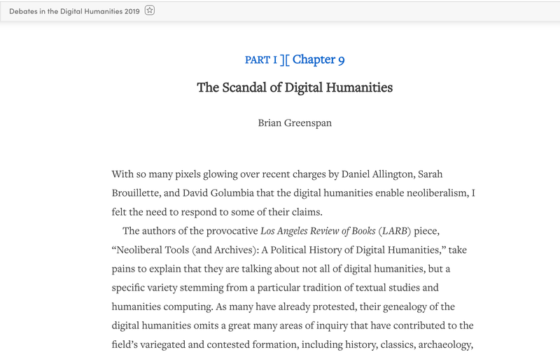The Scandal of Digital Humanities — Brian Greenspan, Debates in the Digital Humanities 2019