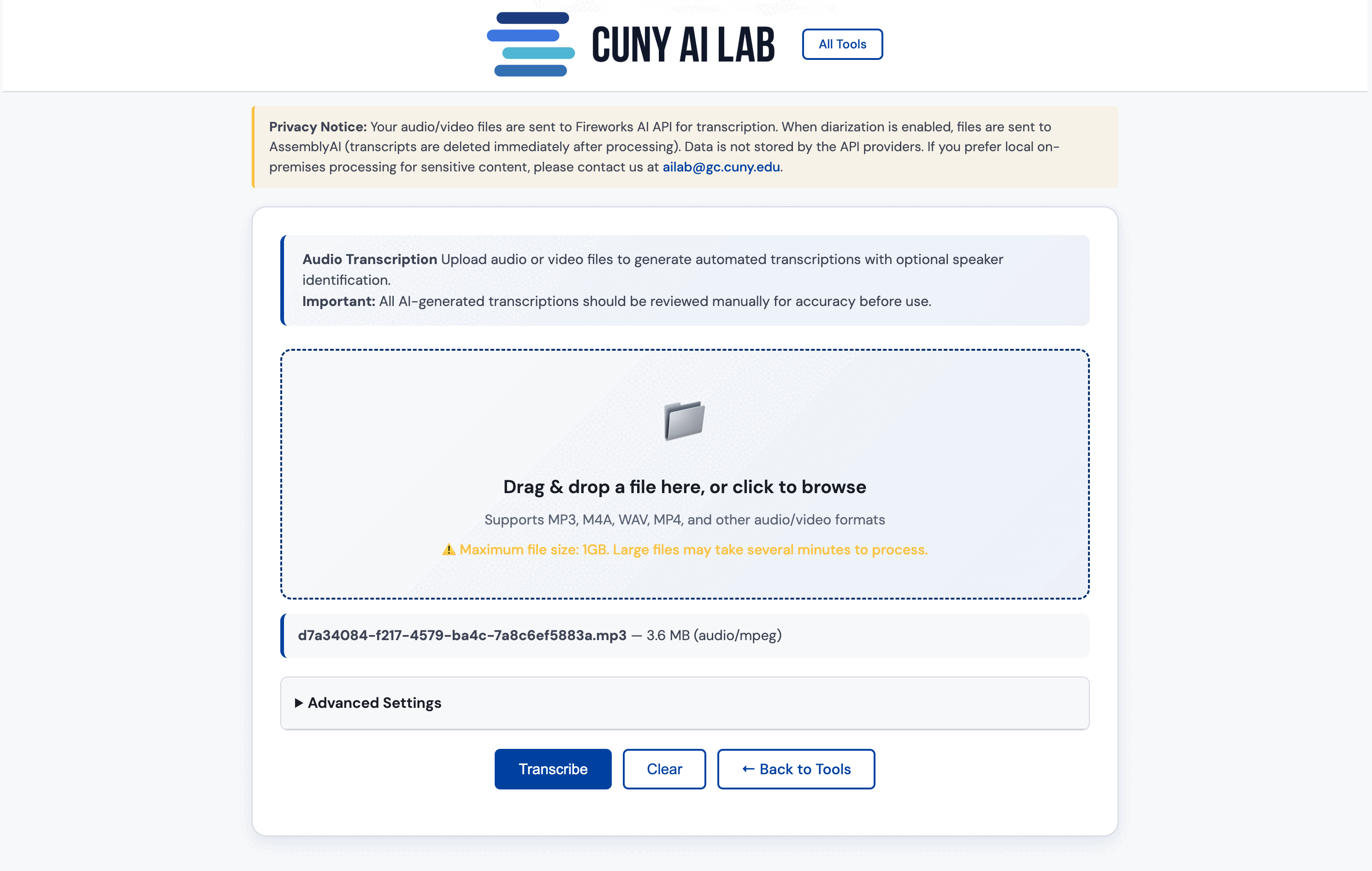 Animated demo of the CUNY AI Lab Multilingual Transcription Suite showing an audio upload and generated transcript