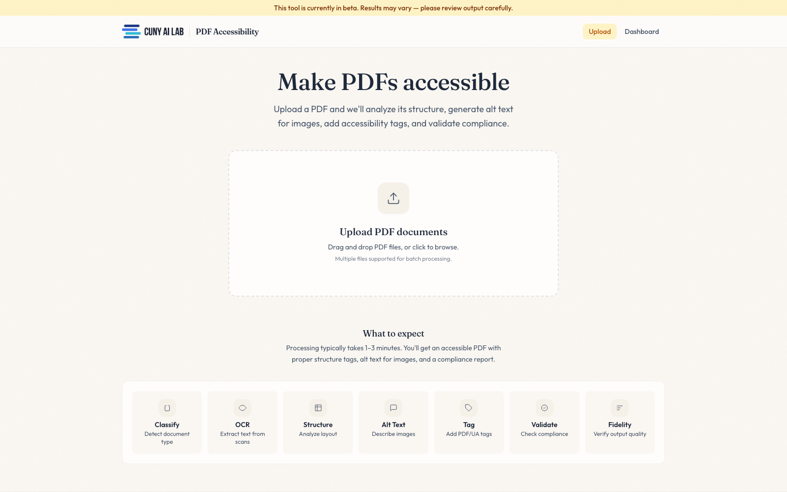 CUNY AI Lab PDF Accessibility app showing a PDF upload area and checks for OCR, structure, alt text, tags, validation, and fidelity