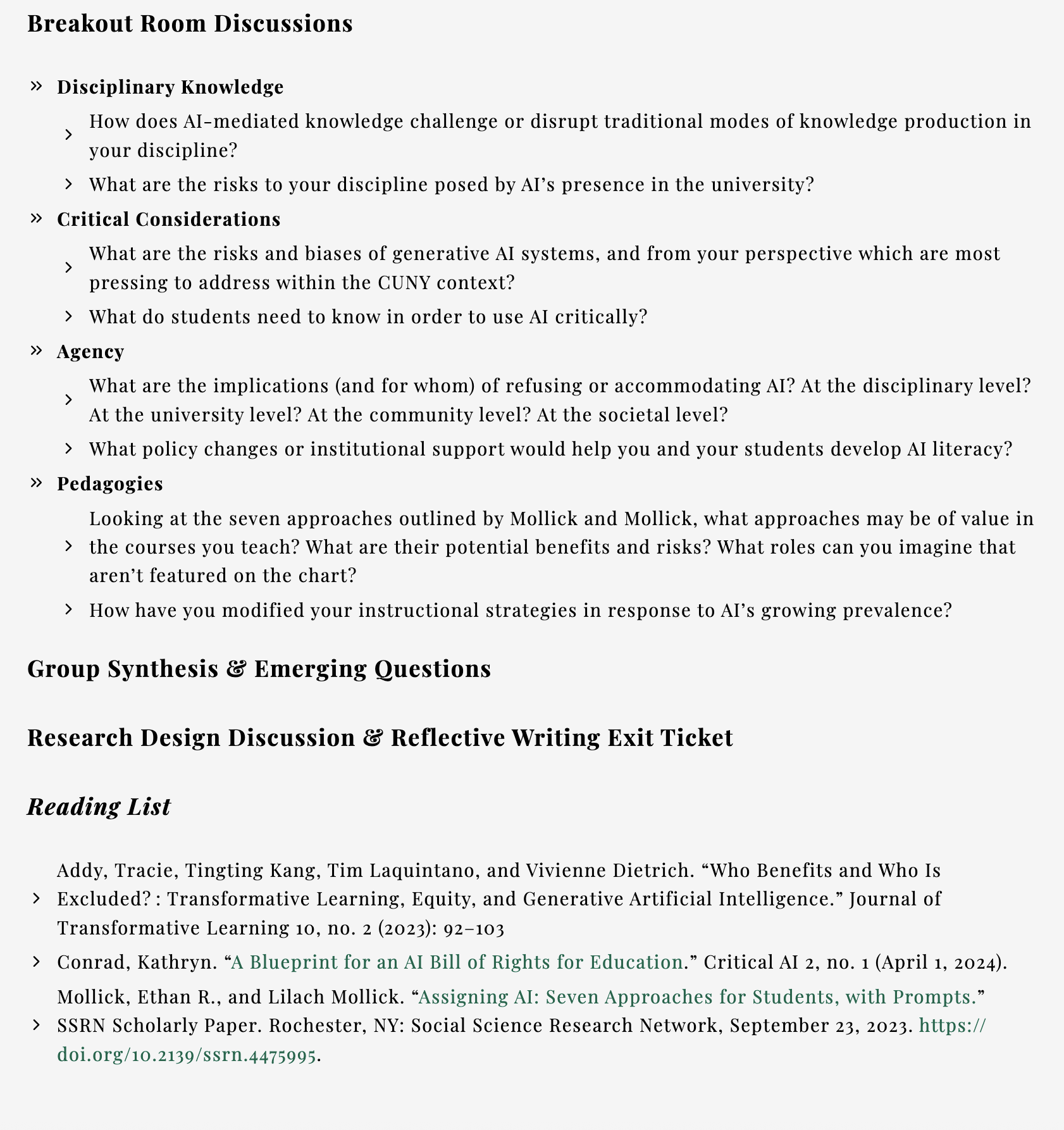 Breakout room discussion prompts covering disciplinary knowledge, critical considerations, agency, and pedagogies