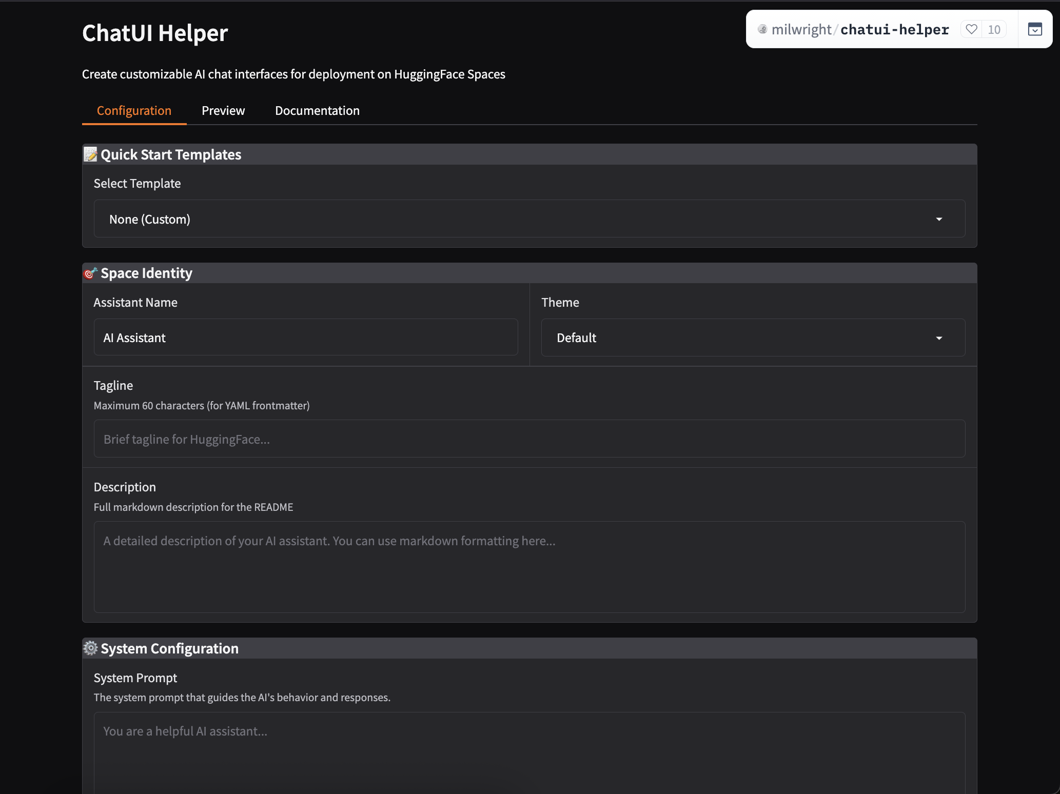 ChatUI Helper on Hugging Face: Quick Start Templates, Space Identity, and System Configuration