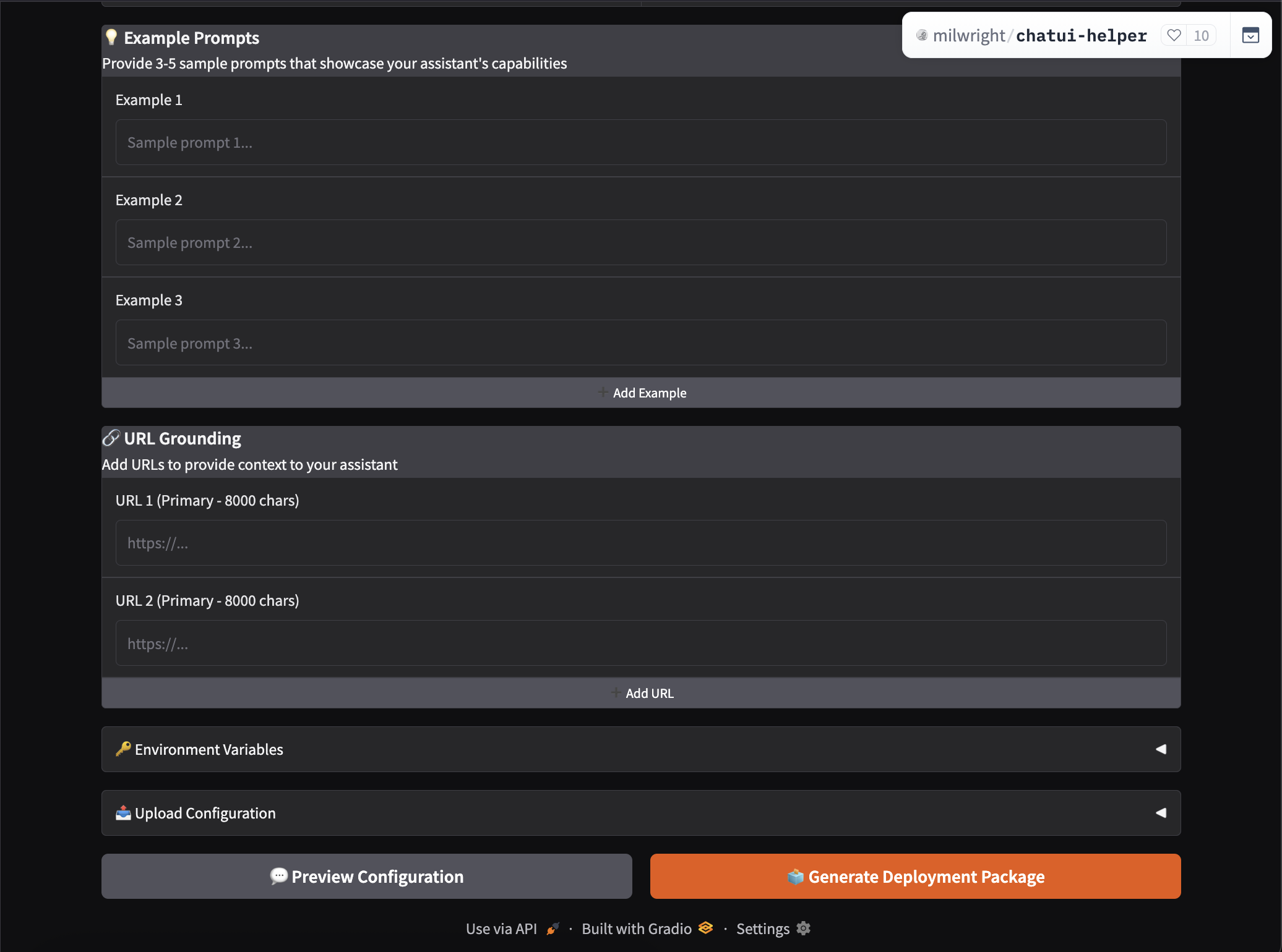 ChatUI Helper: Example Prompts, URL Grounding, Environment Variables, and deployment options