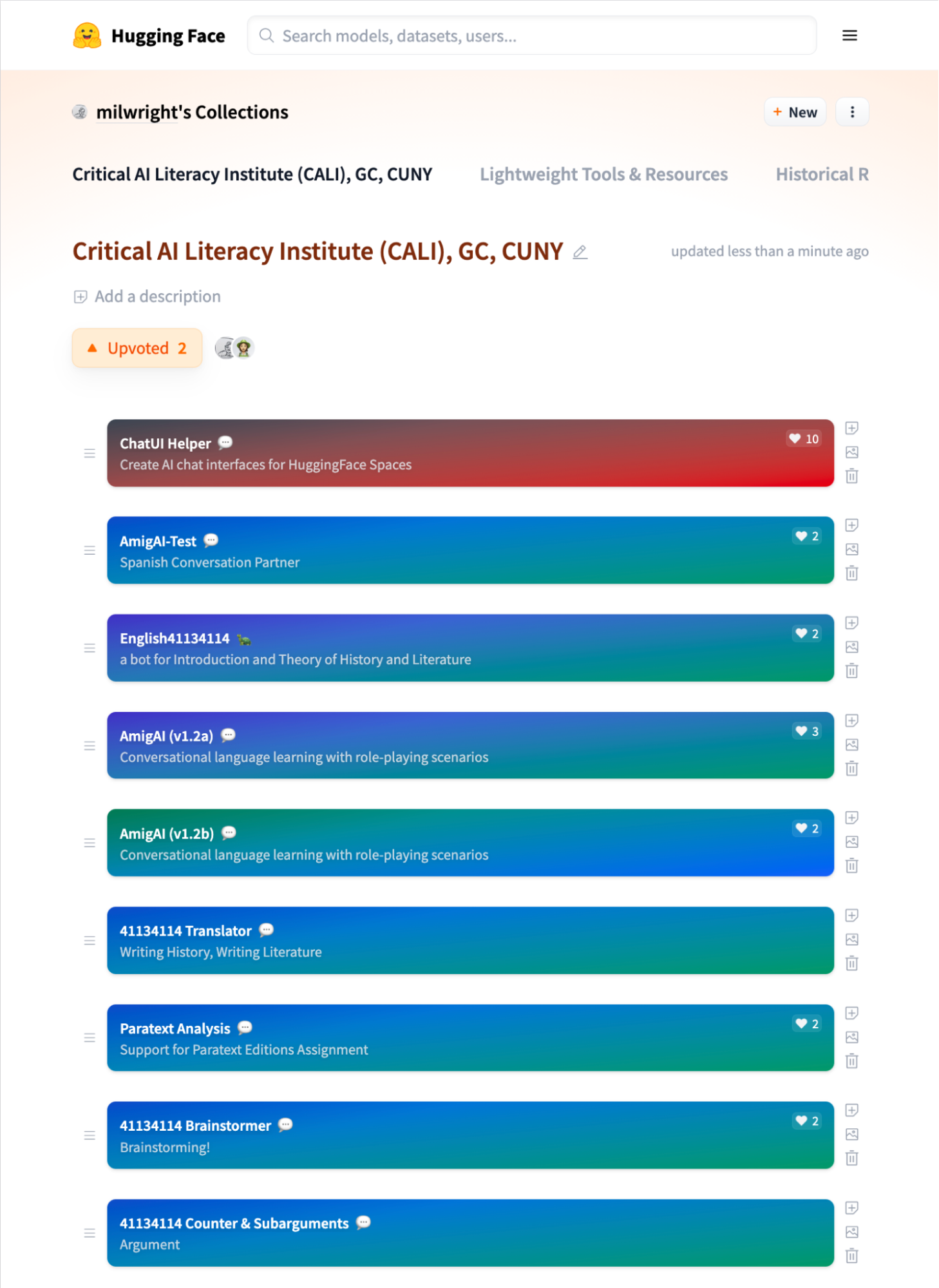 Hugging Face Collections page listing CALI tools including ChatUI Helper, AmigAI, English41134114, Translator, Paratext Analysis, and Brainstormer