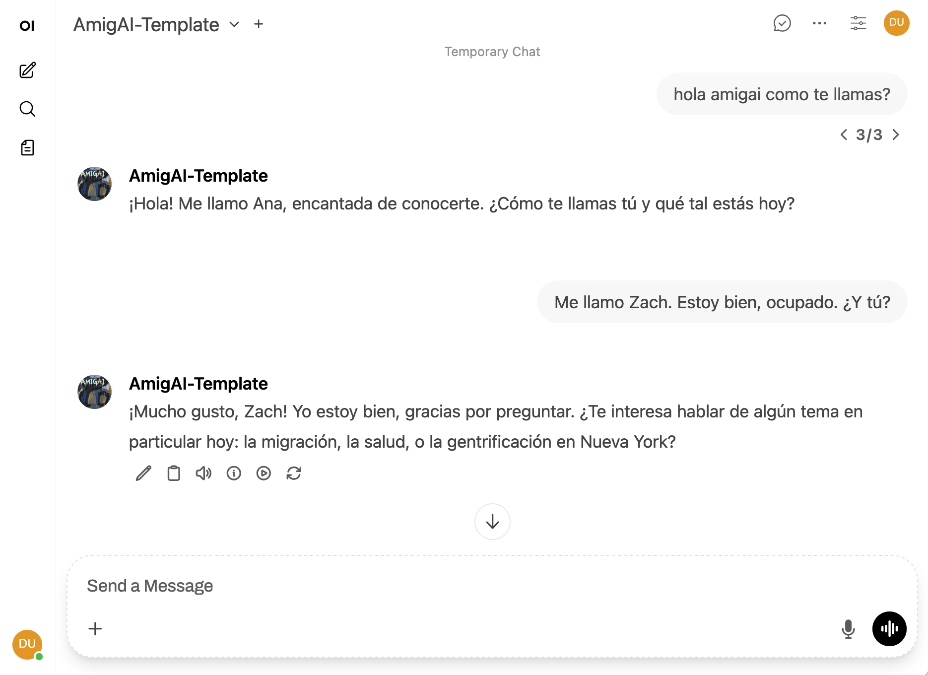 AmigAI-Template chat session in Open WebUI with a Spanish conversation