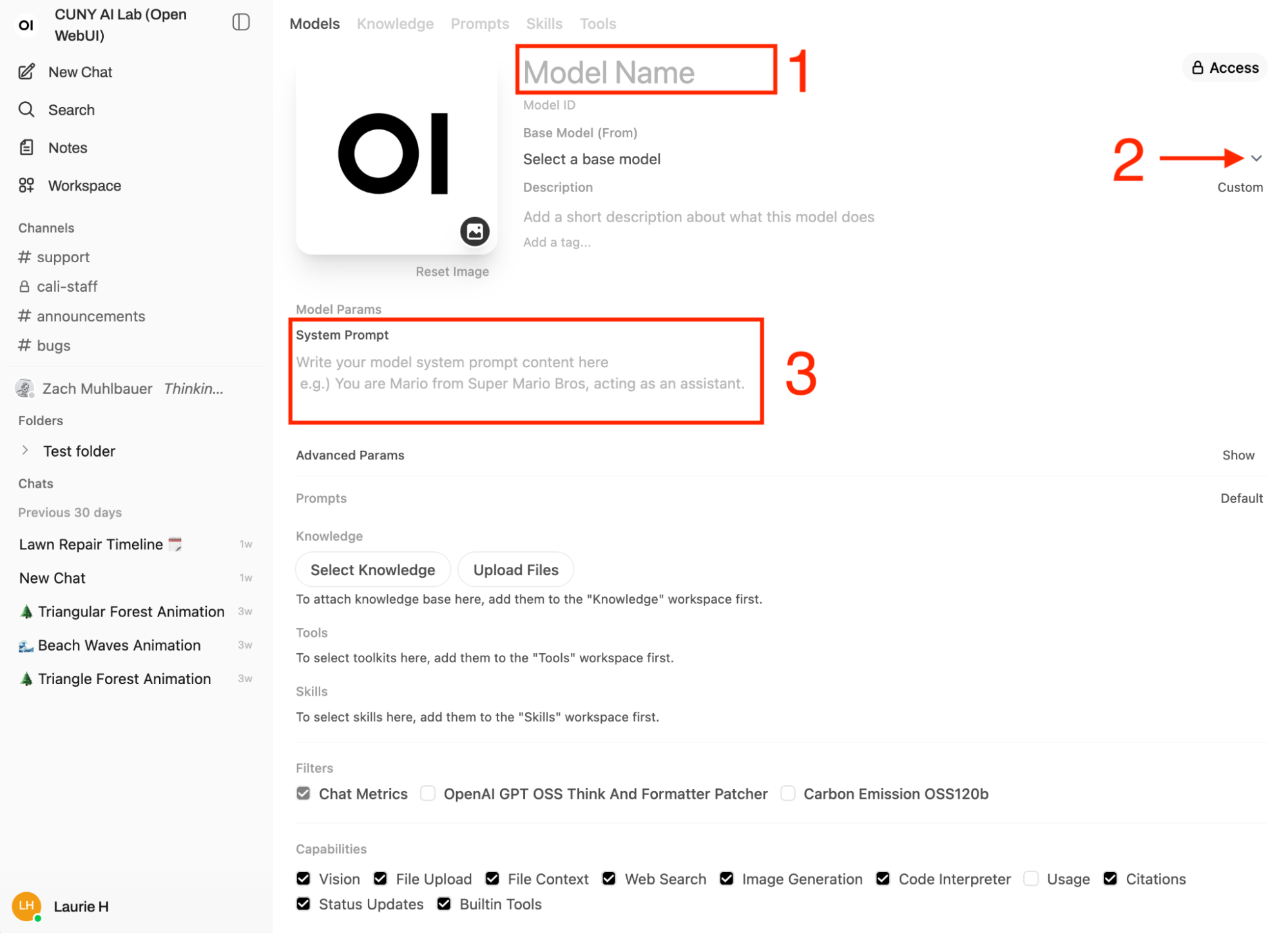Open WebUI model configuration screen showing Model Name, Base Model selector, System Prompt field, Knowledge, and capabilities settings