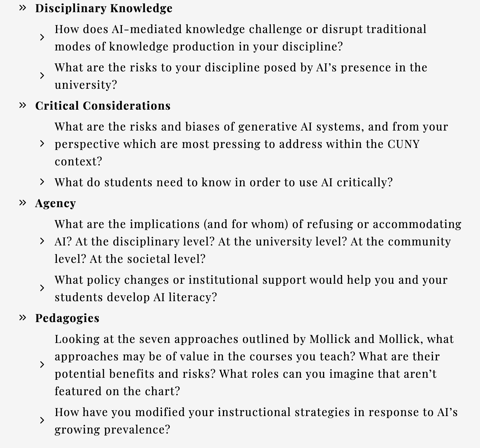 CALI faculty questions spanning Disciplinary Knowledge, Critical Considerations, Agency, and Pedagogies