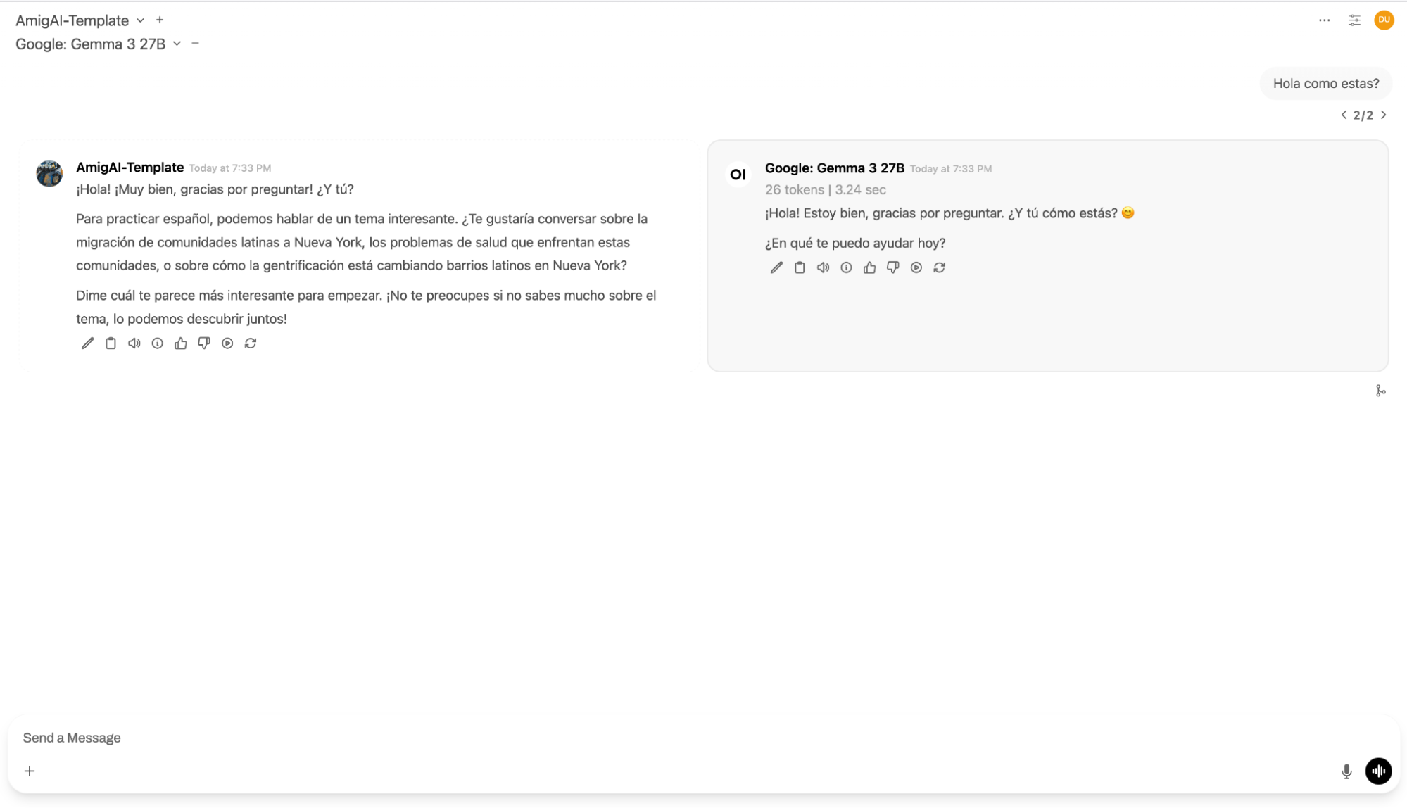Side-by-side comparison in the Sandbox: AmigAI-Template (left) and Google Gemma 3 27B base (right) responding to the same Spanish greeting prompt
