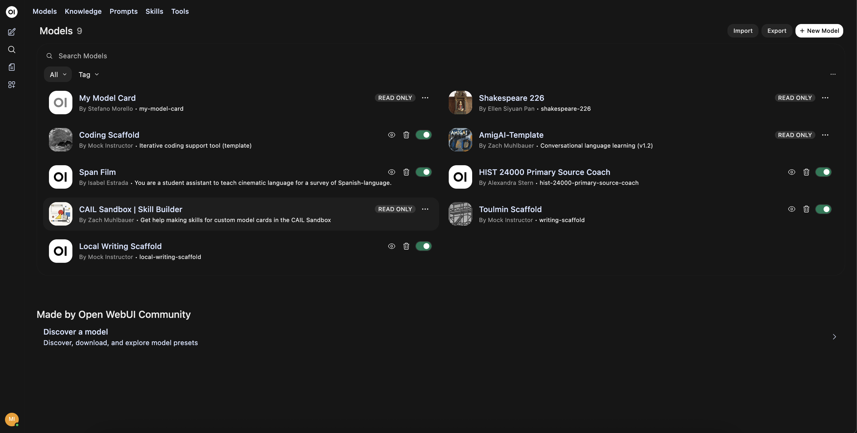 Sandbox Models page listing nine preset model cards across disciplines: My Model Card, Shakespeare 226, Coding Scaffold, AmigAI-Template, Span Film, HIST 24000 Primary Source Coach, CAIL Sandbox Skill Builder, Toulmin Scaffold, Local Writing Scaffold