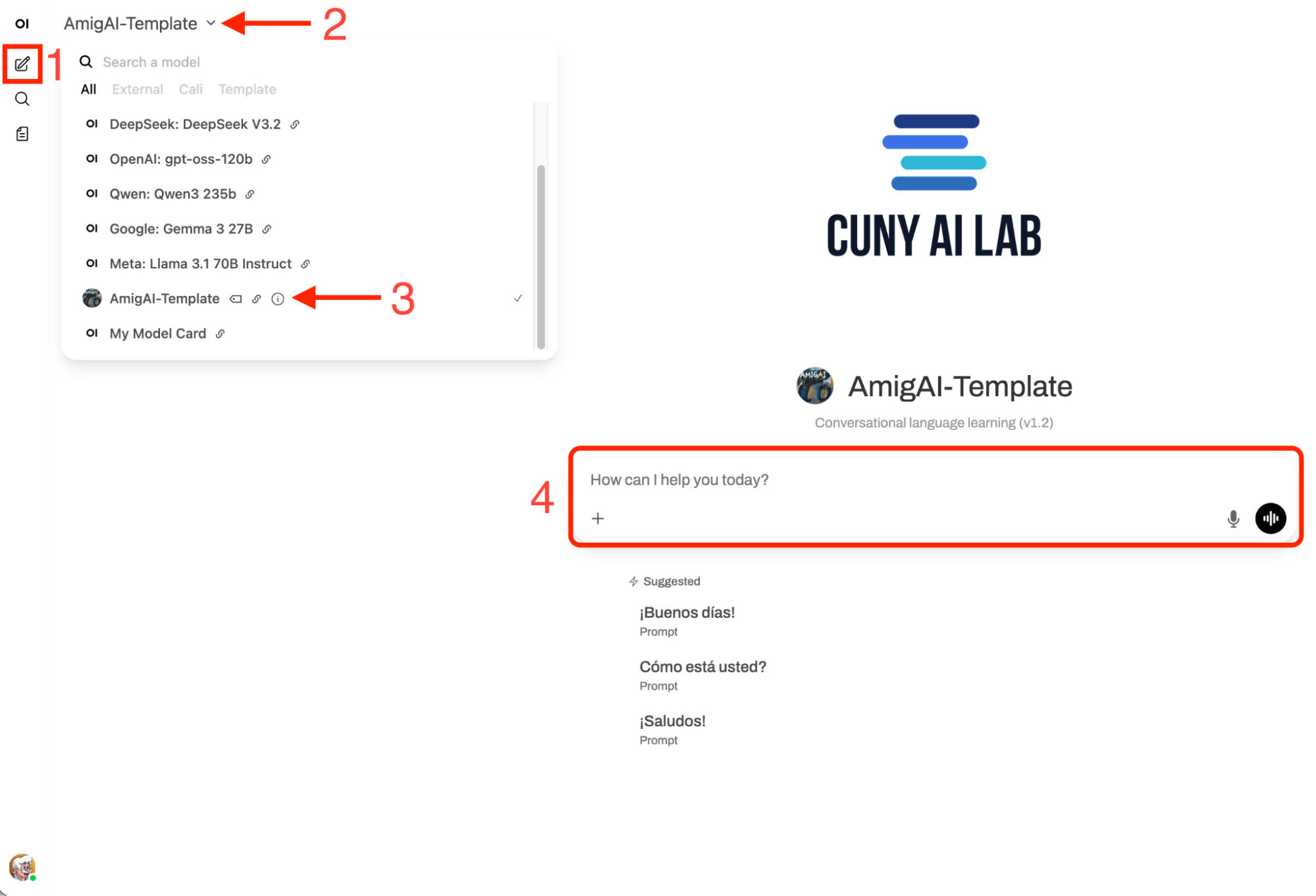 CUNY AI Lab Sandbox interface anatomy: AmigAI-Template preset model card with new chat, model selector, model card info, and prompt input