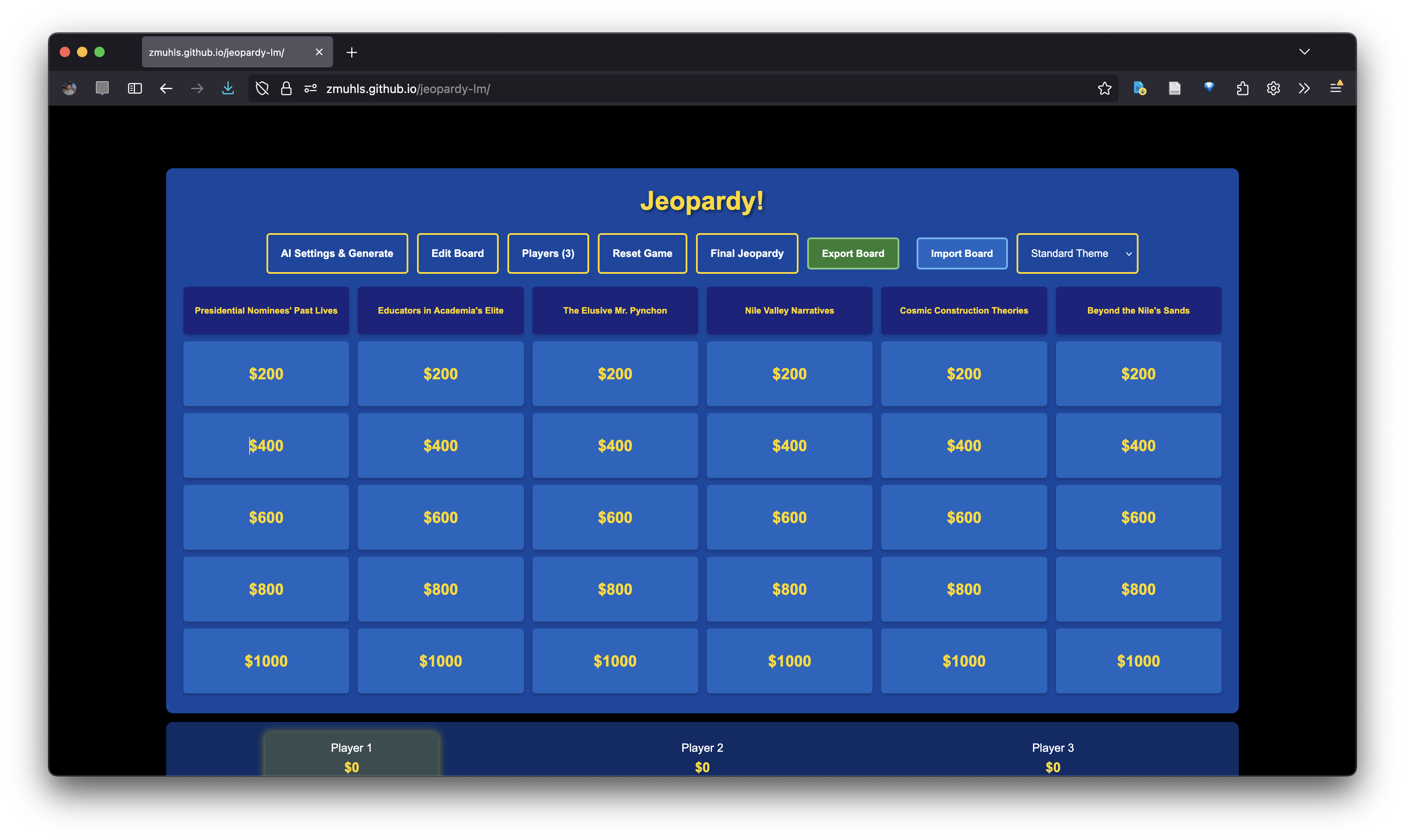 Jeopardy board interface