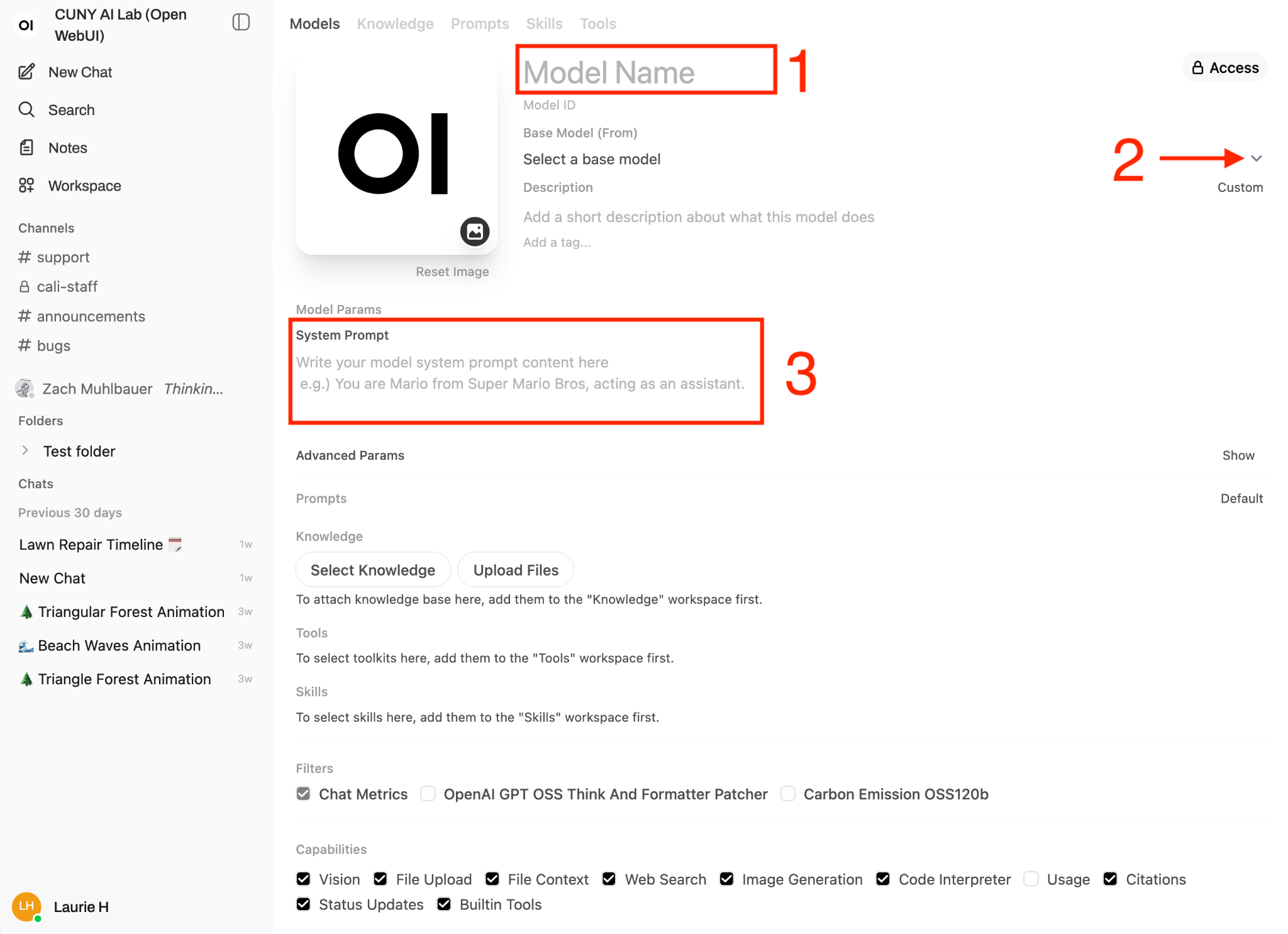 Model card editor showing fields for name, base model, system prompt, and knowledge collection
