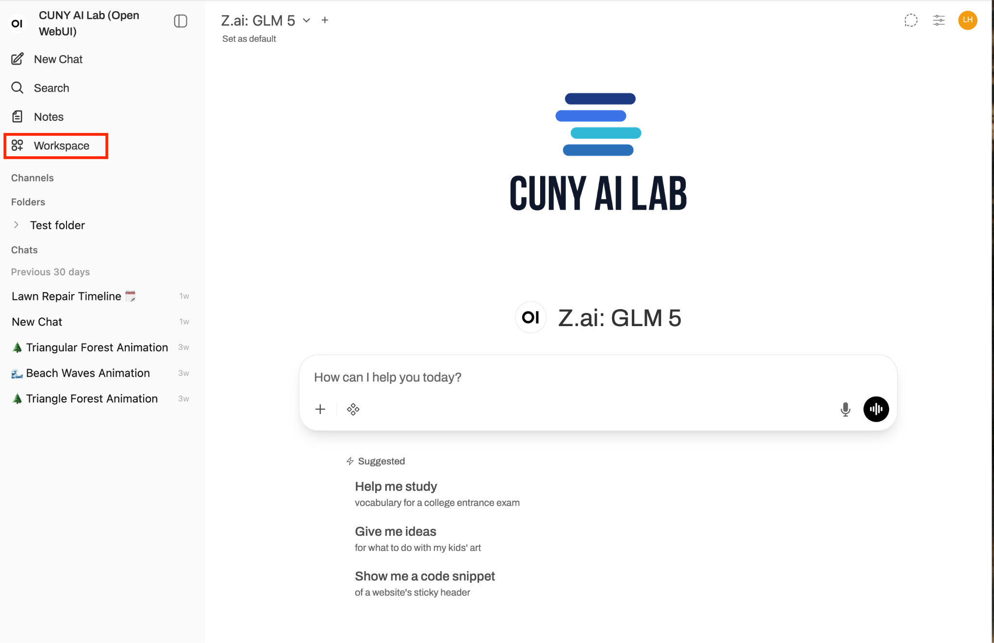 Open WebUI sidebar showing Workspace menu item