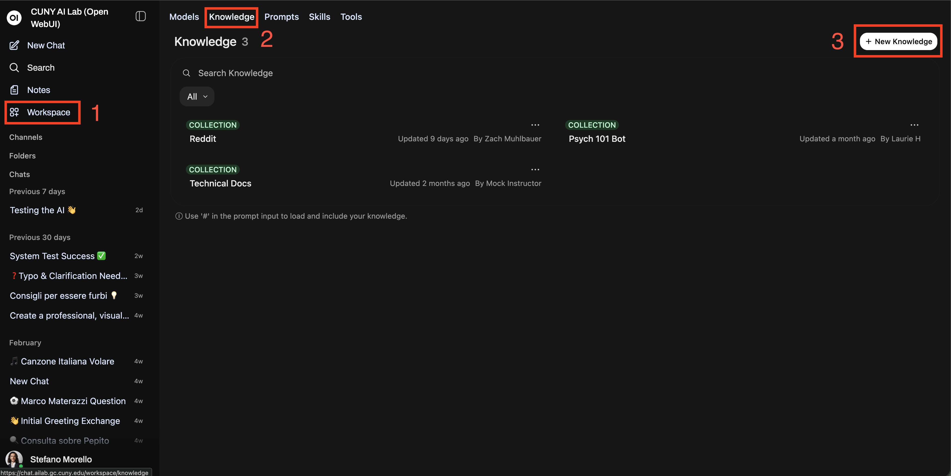 Workspace Knowledge tab showing existing collections and the New Knowledge button