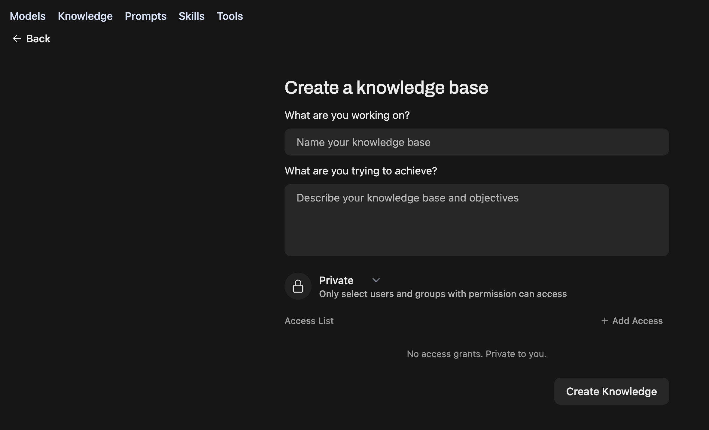 Create a knowledge base form with name, description, and privacy settings