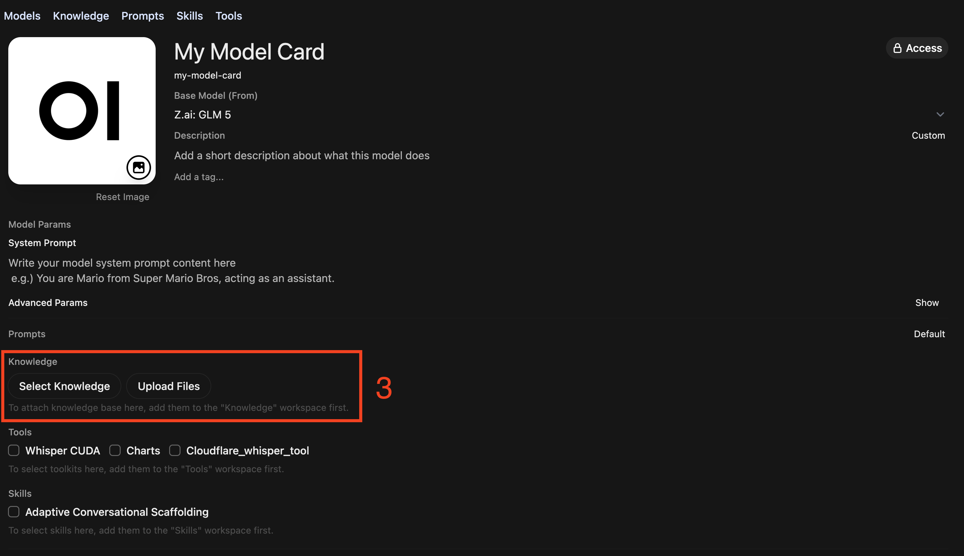 Model card editor with Knowledge section highlighted showing Select Knowledge and Upload Files