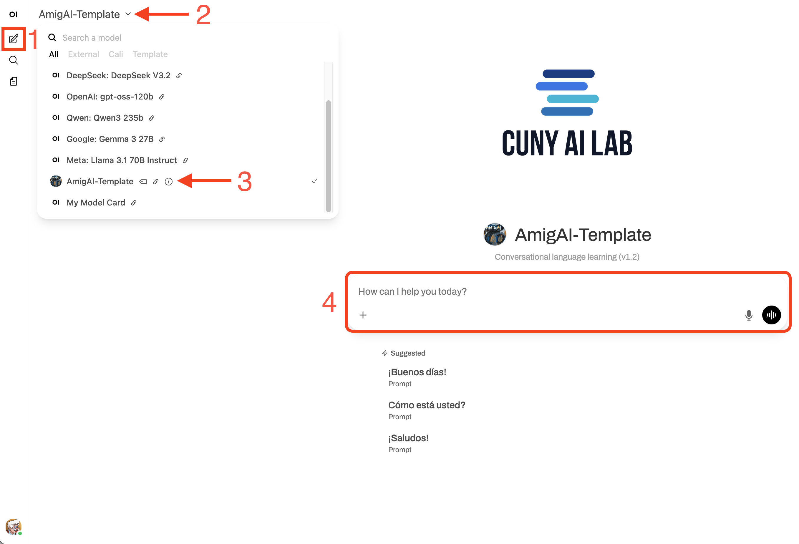 Open WebUI chat interface showing the model selector dropdown with a custom model selected, and the message input field
