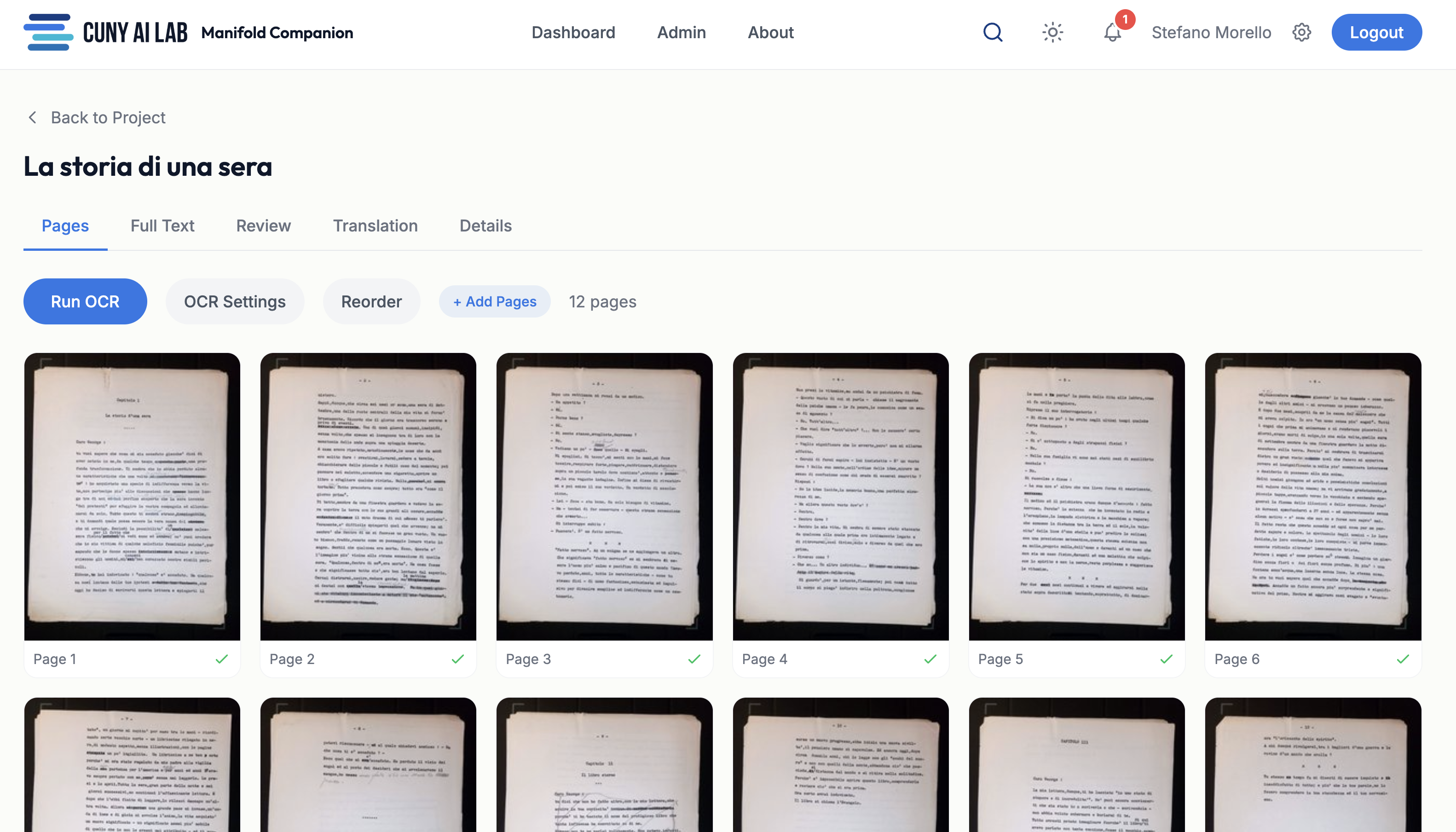 Manifold Companion project page showing OCR controls and a grid of scanned manuscript pages
