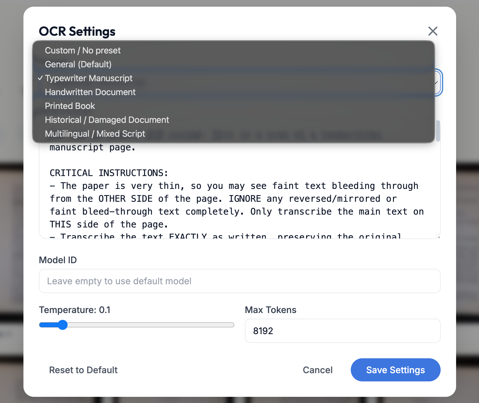 Manifold Companion OCR settings dialog with document-type presets and custom transcription instructions
