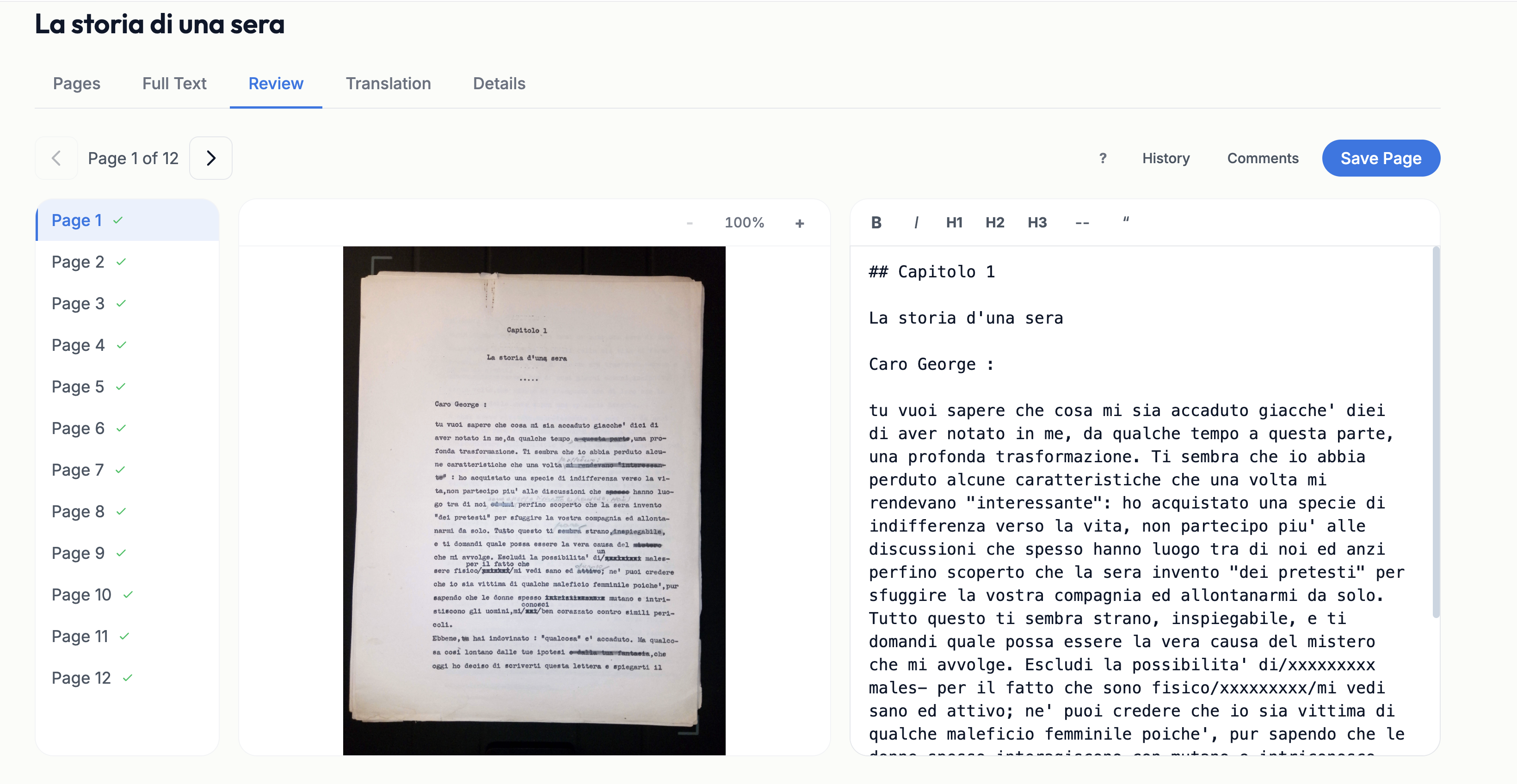Manifold Companion review view: the original scanned page beside an editable transcription