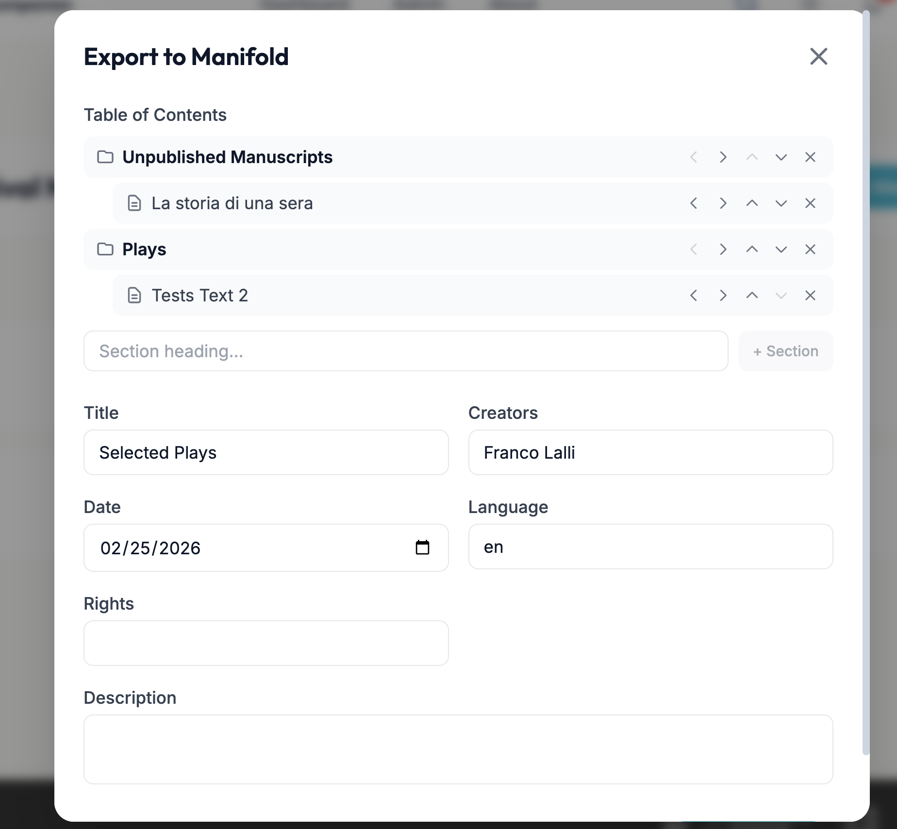 Manifold Companion export dialog showing a table of contents and Dublin Core metadata fields