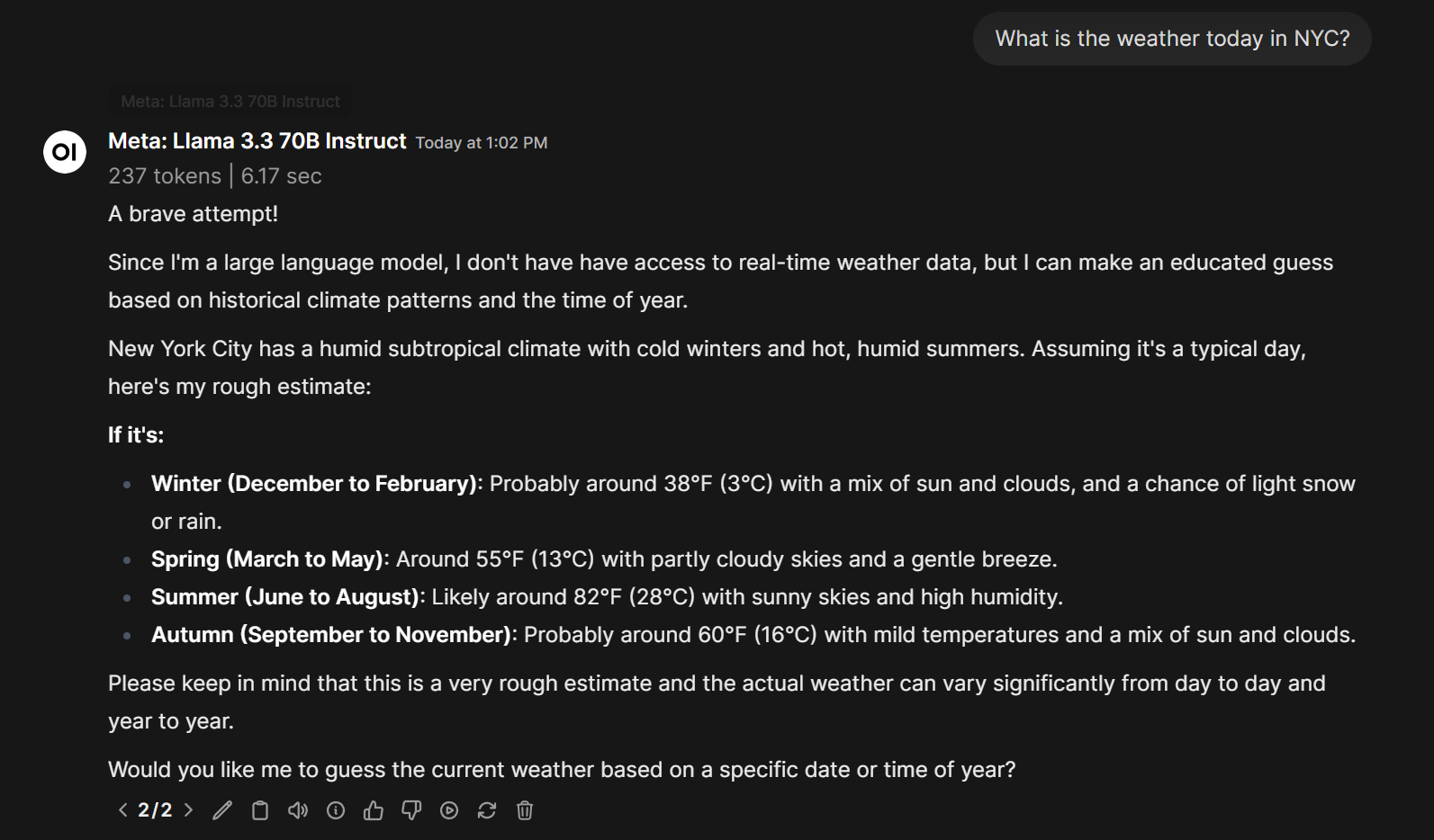 A model guessing the New York weather from training patterns.