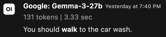 Gemma 3 27B response recommending walking, with model name and generation time.