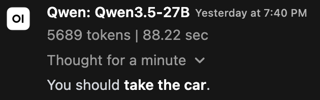 Qwen3.5 27B response recommending driving, with model name and generation time.