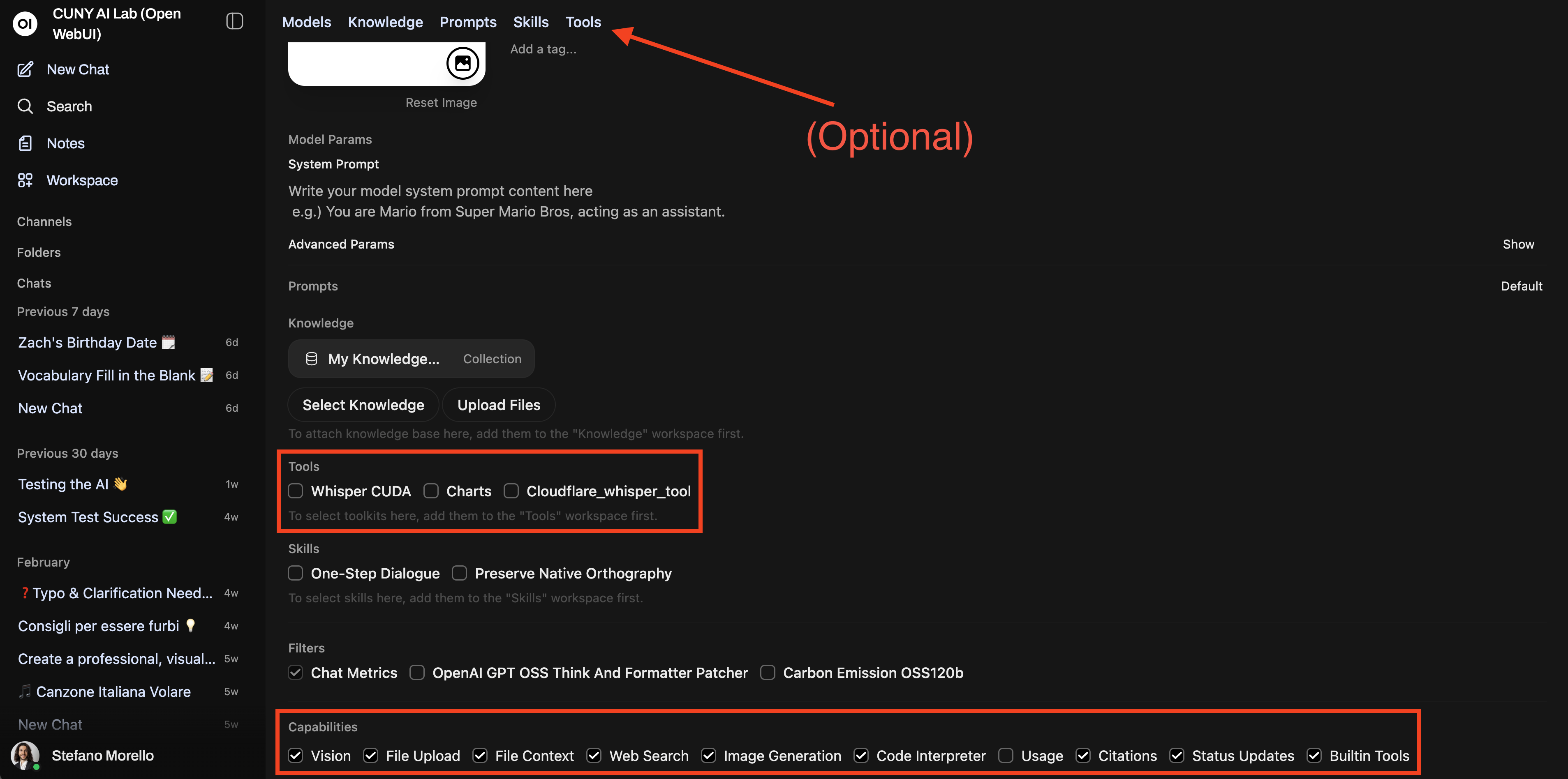 Model card editor with Tools section highlighted showing custom tools attached