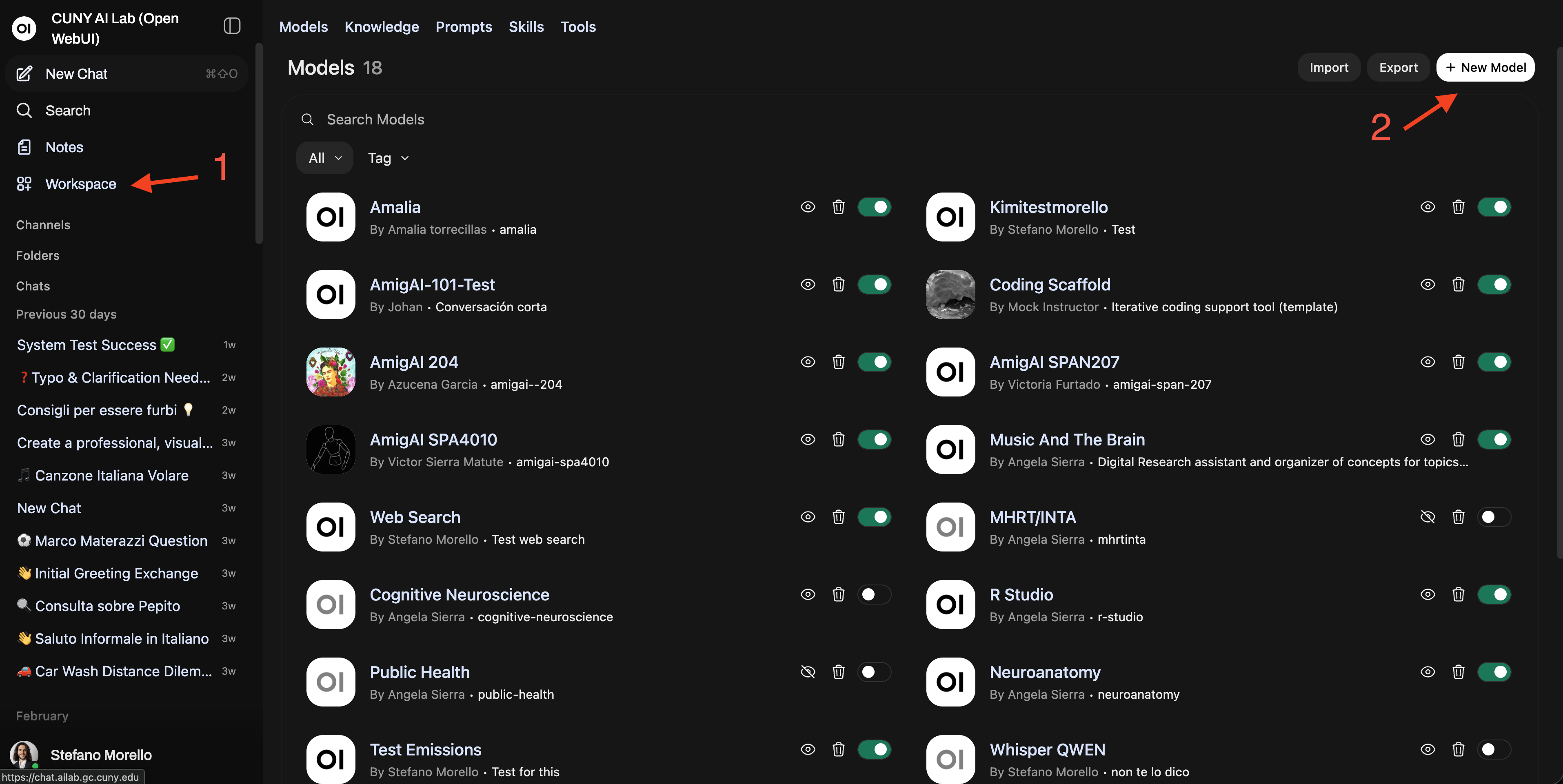 Workspace Models page in Open WebUI