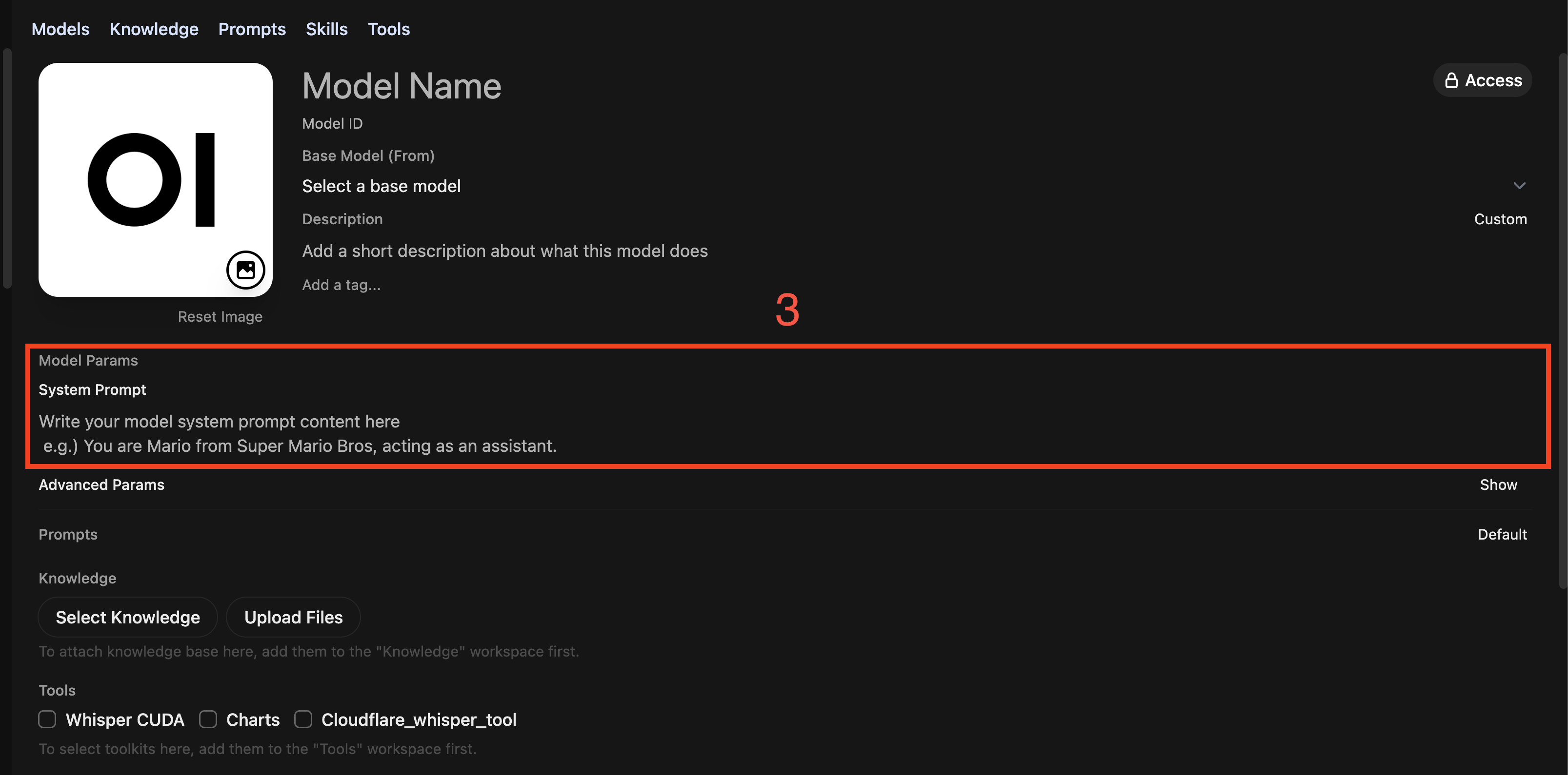 Model creation form with system prompt field